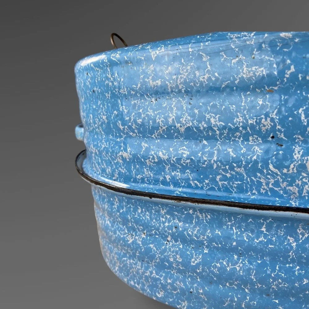 1911 Reed Blue Speckle Roaster Graniteware 3 Piece Dutch Oven Primitive Decor